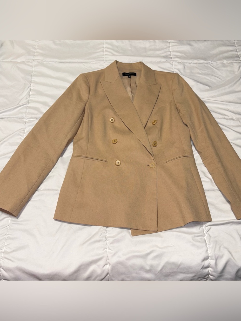Talbots Tan Blazer Jacket Linen Blend Double Breasted Button Size 8 Tan Camel